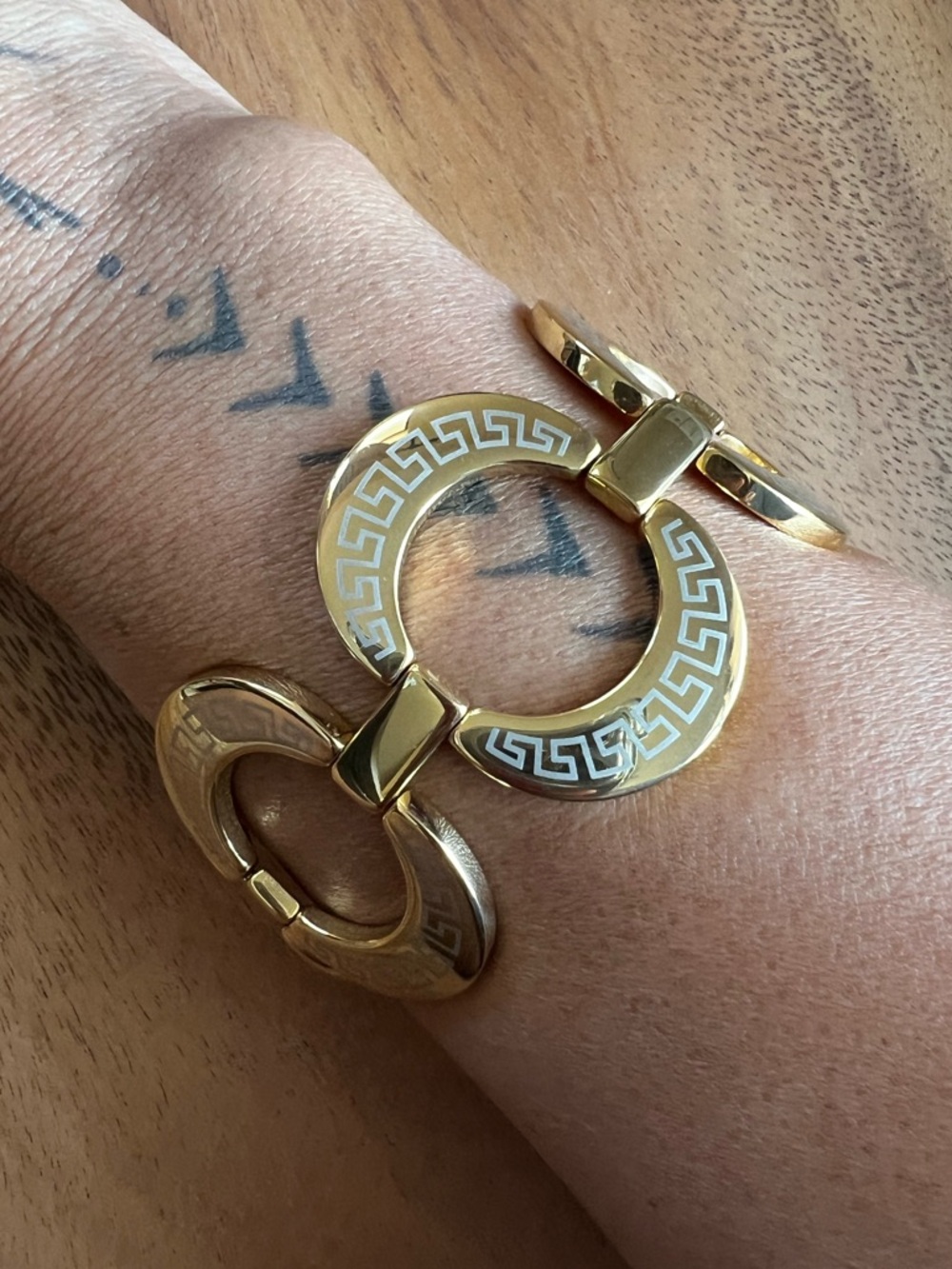 Gold Tone Greek Key Link Bracelet Stainless Steel Lock Clasp